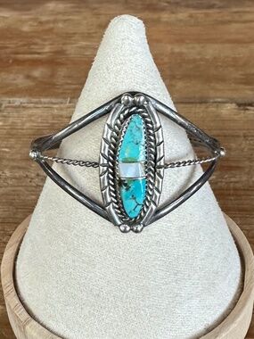 Vintage Navajo Sterling Silver Turquoise & MOP Inlay Cuff Bracelet